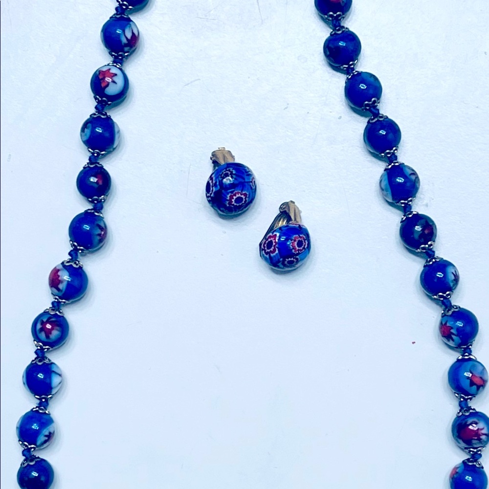 Vintage glass beaded necklace and ear clips